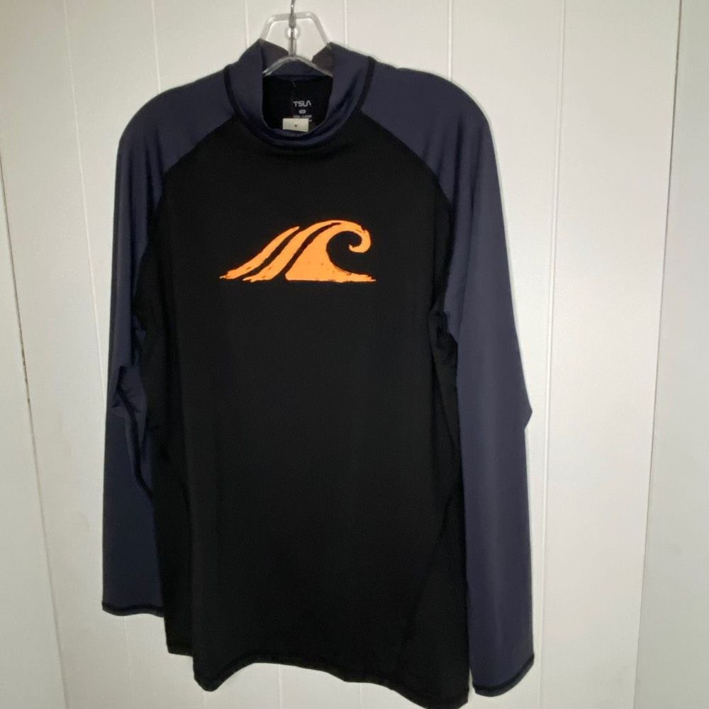 TSLA Mens Rash Guard Swimwear Long Sleeve Turtleneck Blue Black Large